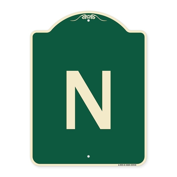 Designer Series Sign W/ Letter N, Green & Tan Heavy-Gauge Aluminum Sign, 24" x 18", G-1824-22938